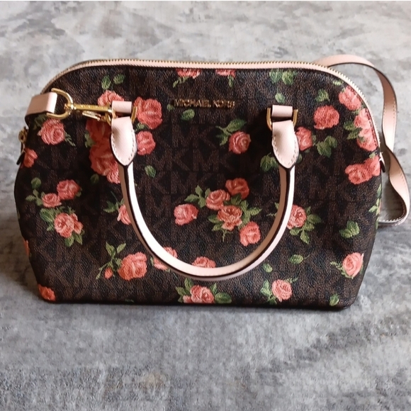 Brown & Pink Floral Michael Kors Handbag Purse, Roses Fall Floral - Picture 2 of 10